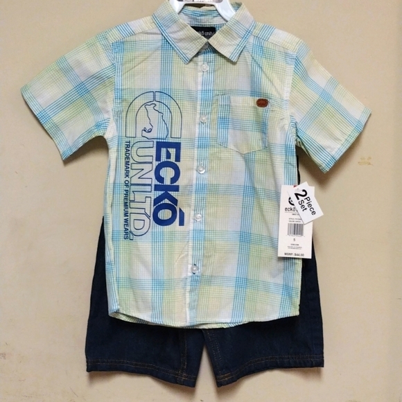 Ecko Unlimited Other - 2/$10 ECKO UNLTD Sz 5 Set- Short Sleeved Green And Blue Button Down Jean Shorts